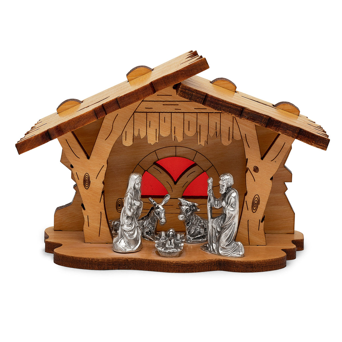 Nativity Scene With Wooden Hut and Red Background