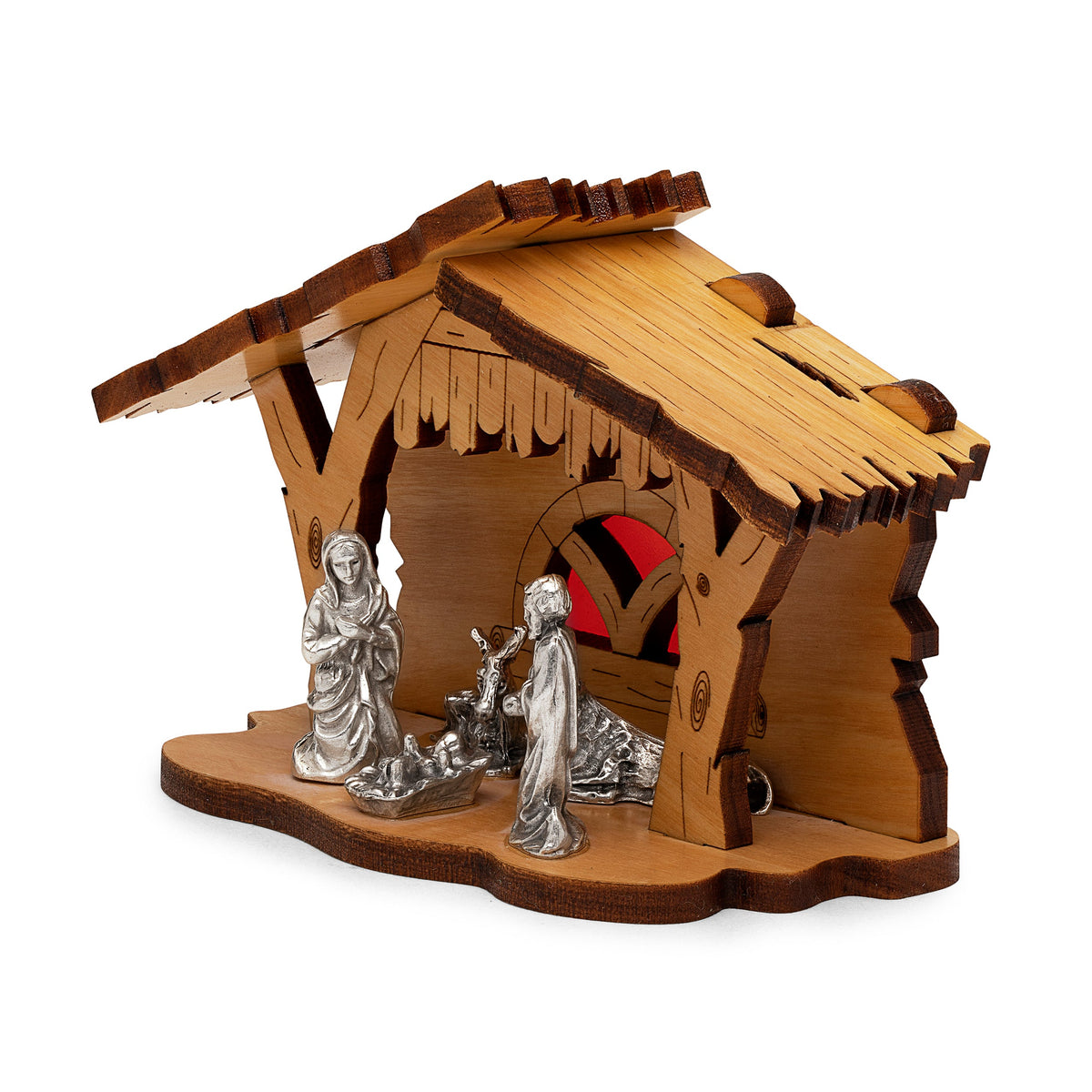Nativity Scene With Wooden Hut and Red Background