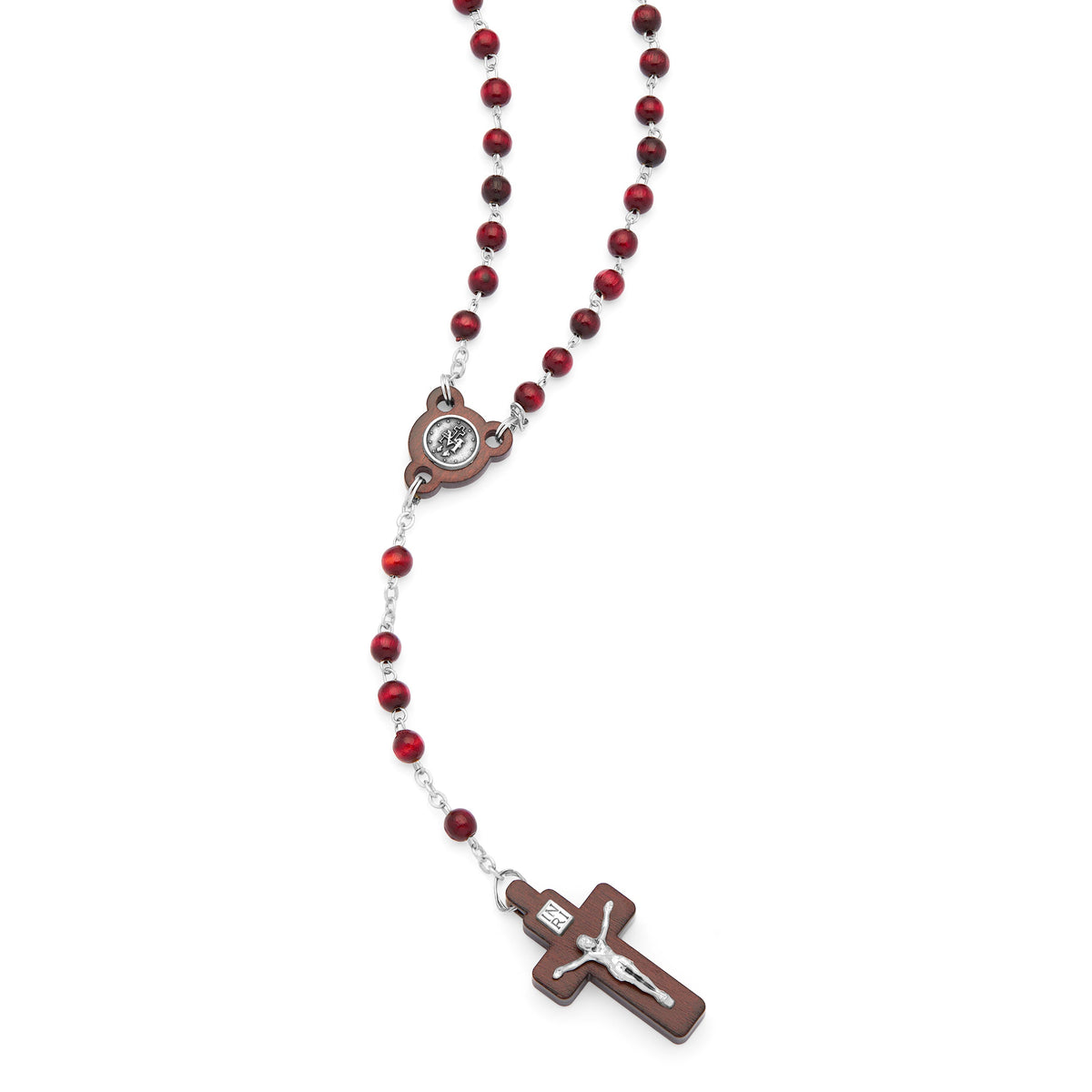 Mahogany Wood Rosary with Crucifix Featuring Metal Body of Christ