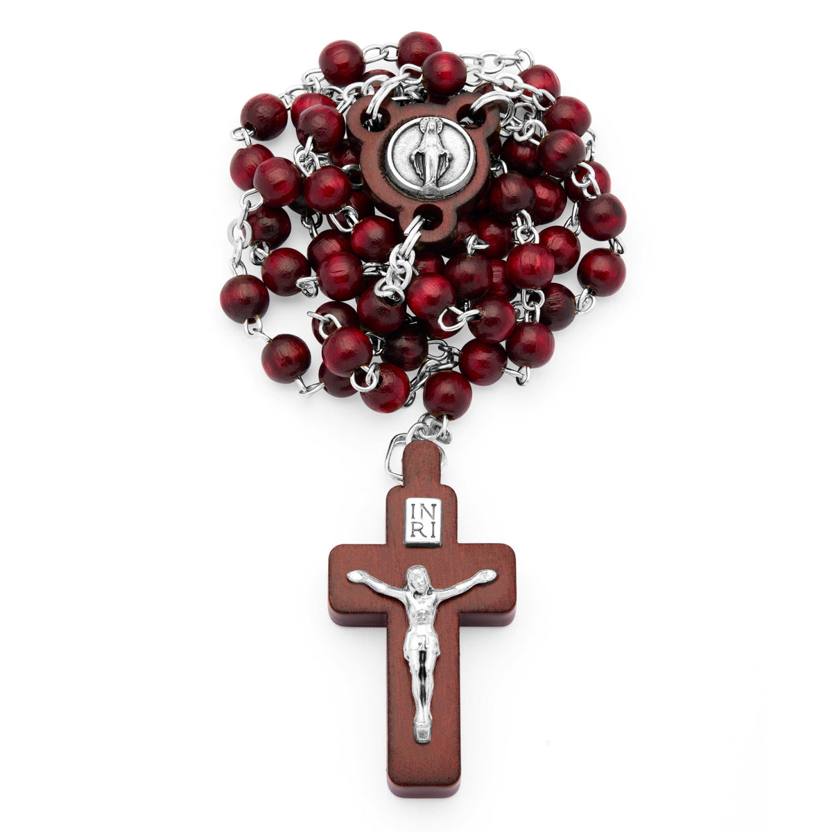 Mahogany Wood Rosary with Crucifix Featuring Metal Body of Christ