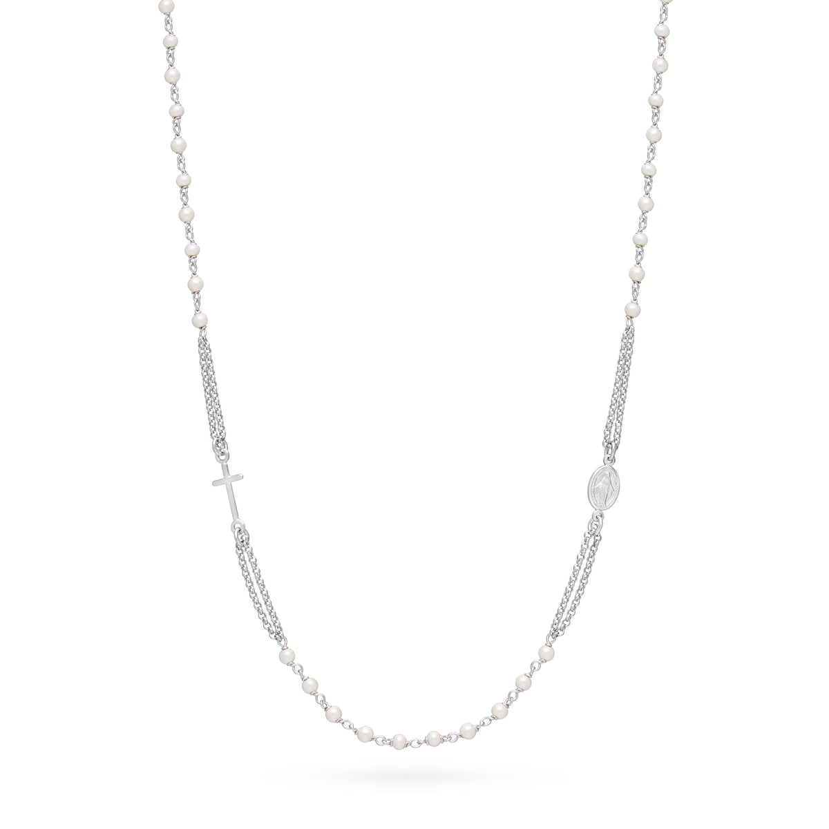 Sterling Silver Double Strand Rosary Necklace with Synthetic Pearl Beads