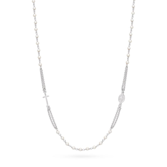Sterling Silver Double Strand Rosary Necklace with Synthetic Pearl Beads