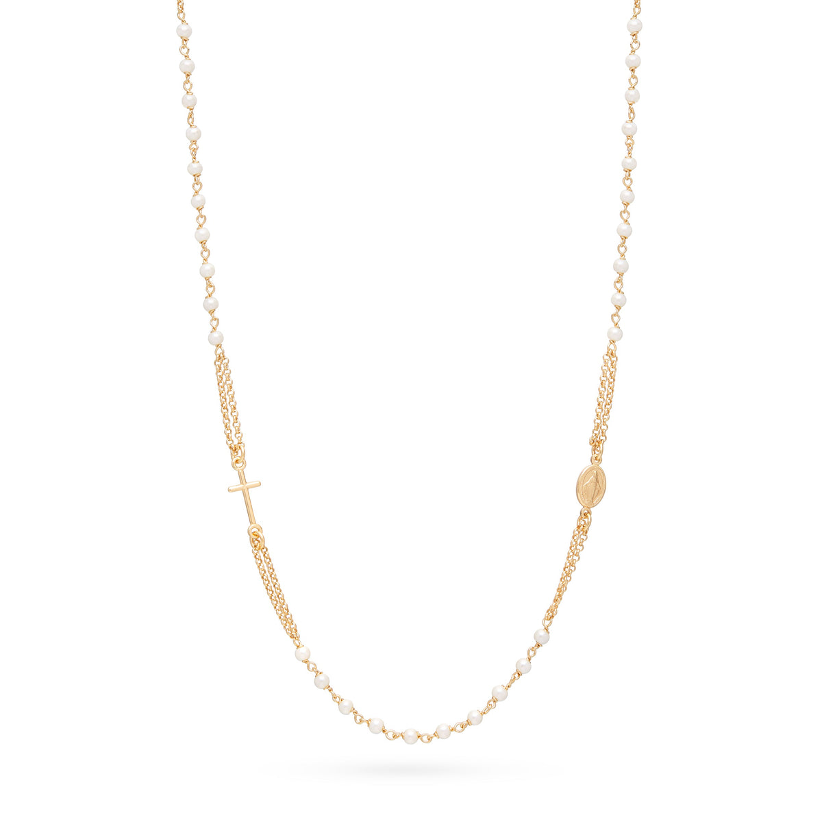 Gold-plated Sterling Silver Double Strand Rosary Necklace with Synthetic Pearl Beads