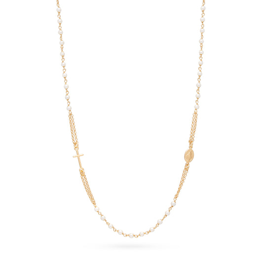 Gold-plated Sterling Silver Double Strand Rosary Necklace with Synthetic Pearl Beads