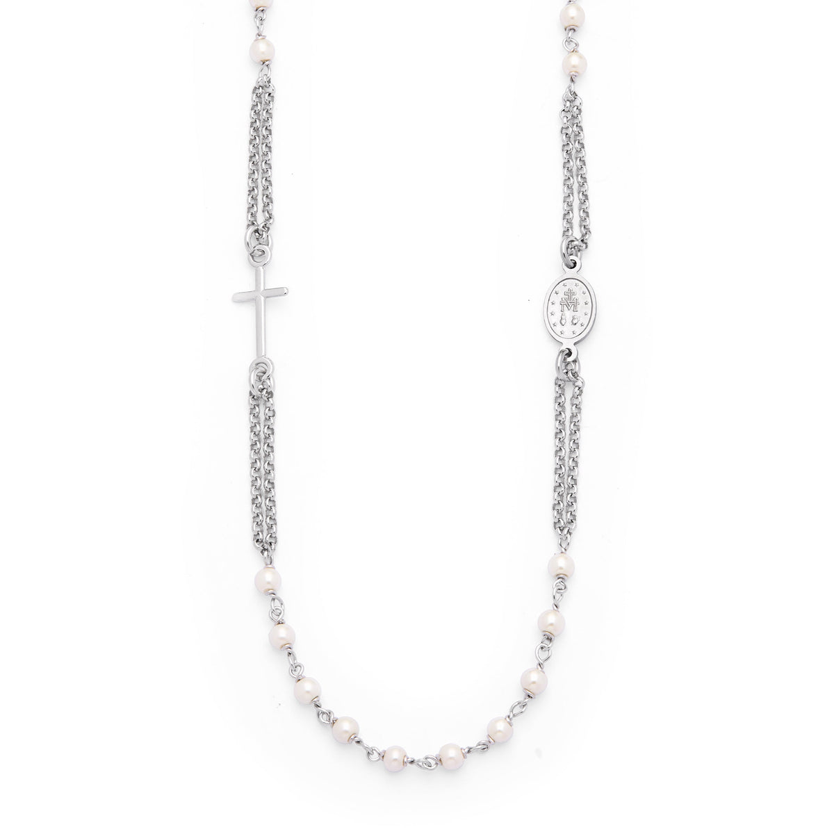 Sterling Silver Double Strand Rosary Necklace with Synthetic Pearl Beads
