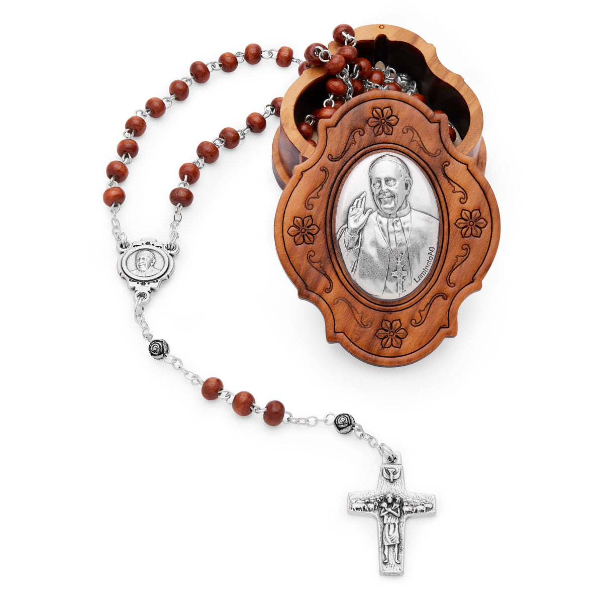 Olive Wood Pope Francis Rosary Case With Wood Rosary