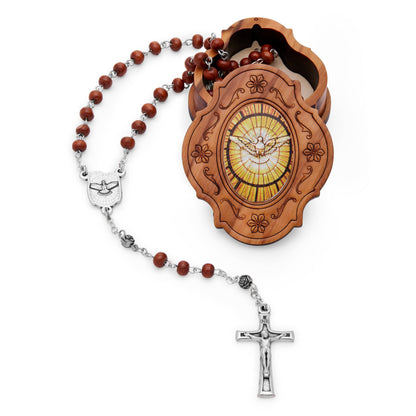 Olive Wood Holy Spirit Rosary Case With Wood Rosary