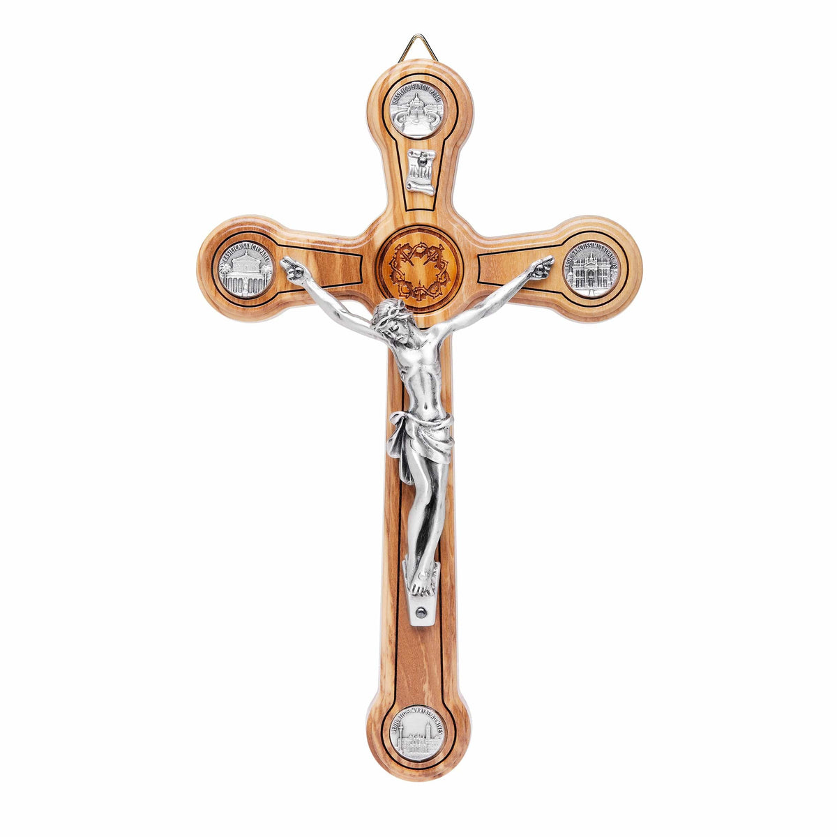 Olive Wood Crucifix With Crown of Thorns and the Four Roman Basilicas Medals