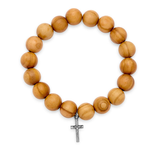 Olive Wood Elastic Bracelet With Little Crucifix