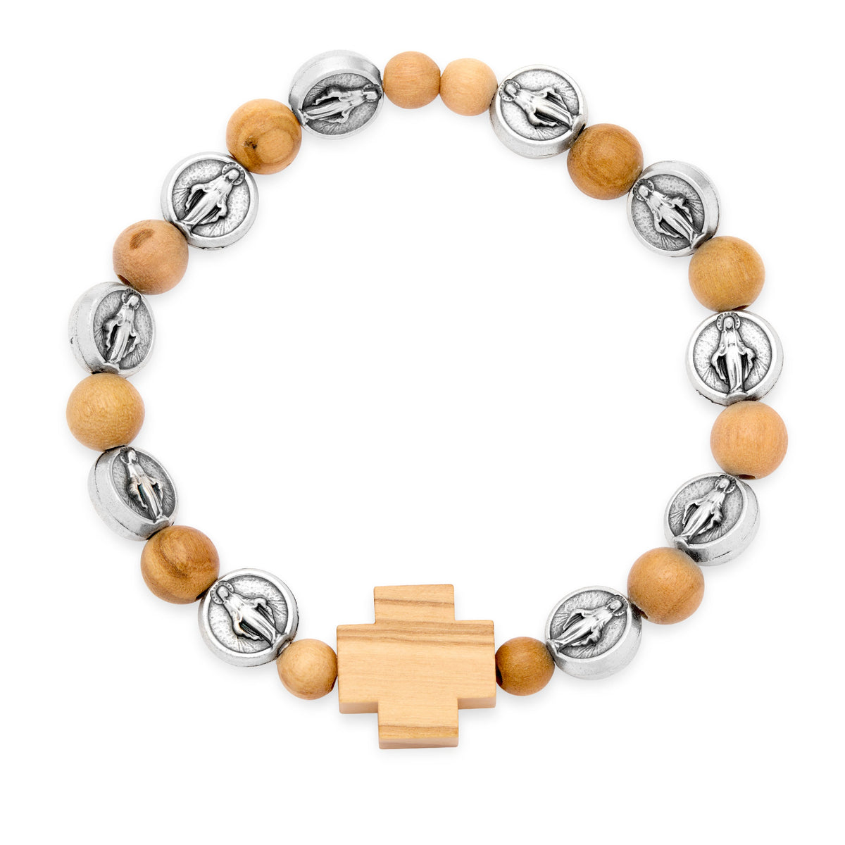 Olive Wood Elastic Bracelet With Metal Miraculous Medal