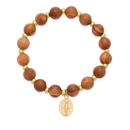 Olive Wood Elastic Bracelet With Miraculous Medal