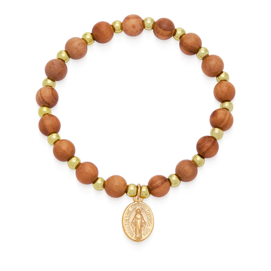 Olive Wood Elastic Bracelet With Miraculous Medal and Gold Details