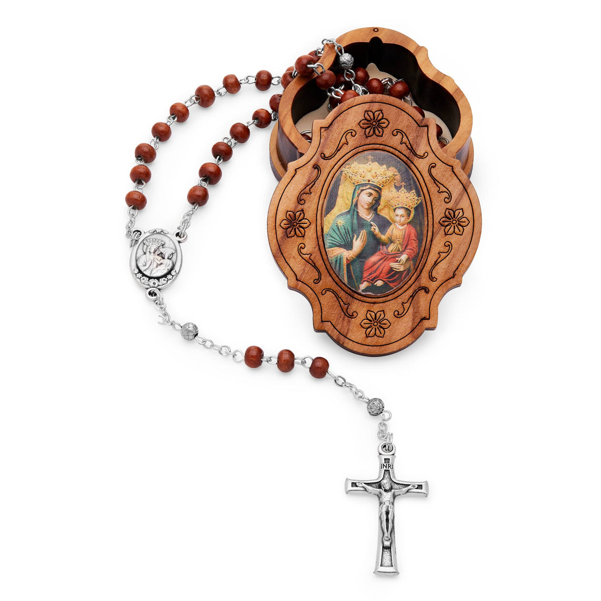 Olive Wood Our Lady of Good Health Rosary Case With Wood Rosary