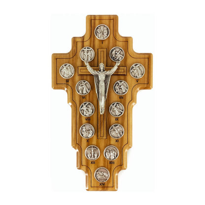 Olive Wood Risen Christ Crucifix with Via Crucis and Outline