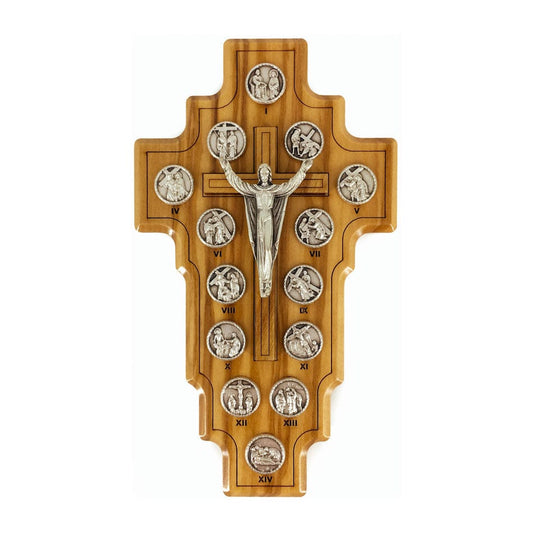 Olive Wood Risen Christ Crucifix with Via Crucis and Outline