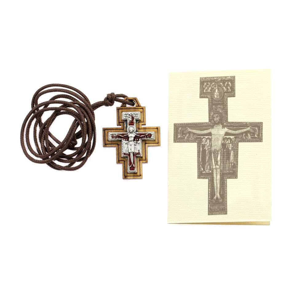 Olive Wood Saint Damien Cross with Rope Chain