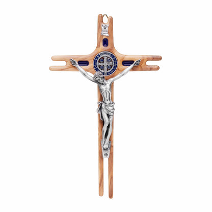 Olive Wood St. Benedict Crucifix With Blue Enameled Medal