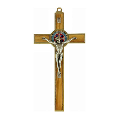 Olive Wood St. Benedict Crucifix with Colorful Medal and Gold Metal Outline