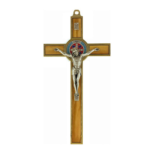 Olive Wood St. Benedict Crucifix with Colorful Medal and Gold Metal Outline