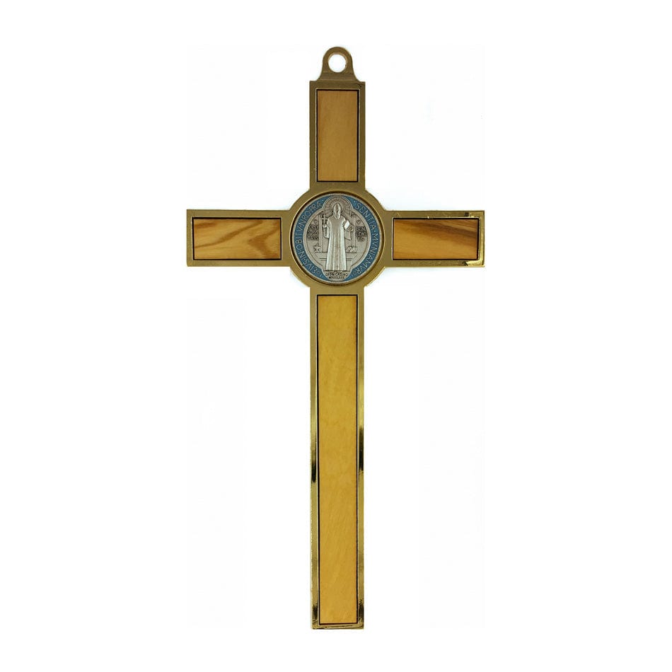 Olive Wood St. Benedict Crucifix with Colorful Medal and Gold Metal Outline