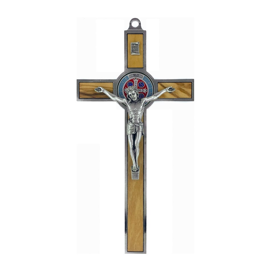 Olive Wood St. Benedict Crucifix with Colorful Medal and Metal Outline