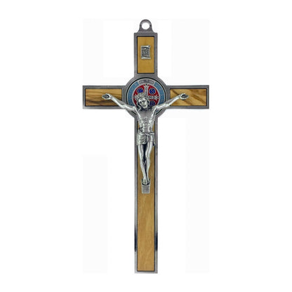 Olive Wood St. Benedict Crucifix with Colorful Medal and Metal Outline