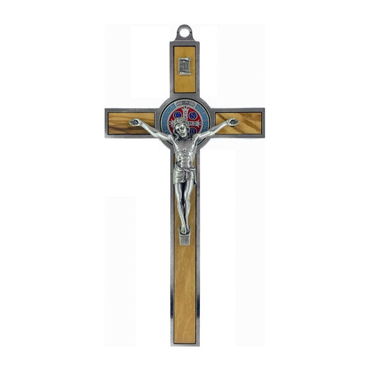 Olive Wood St. Benedict Crucifix with Colorful Medal and Metal Outline