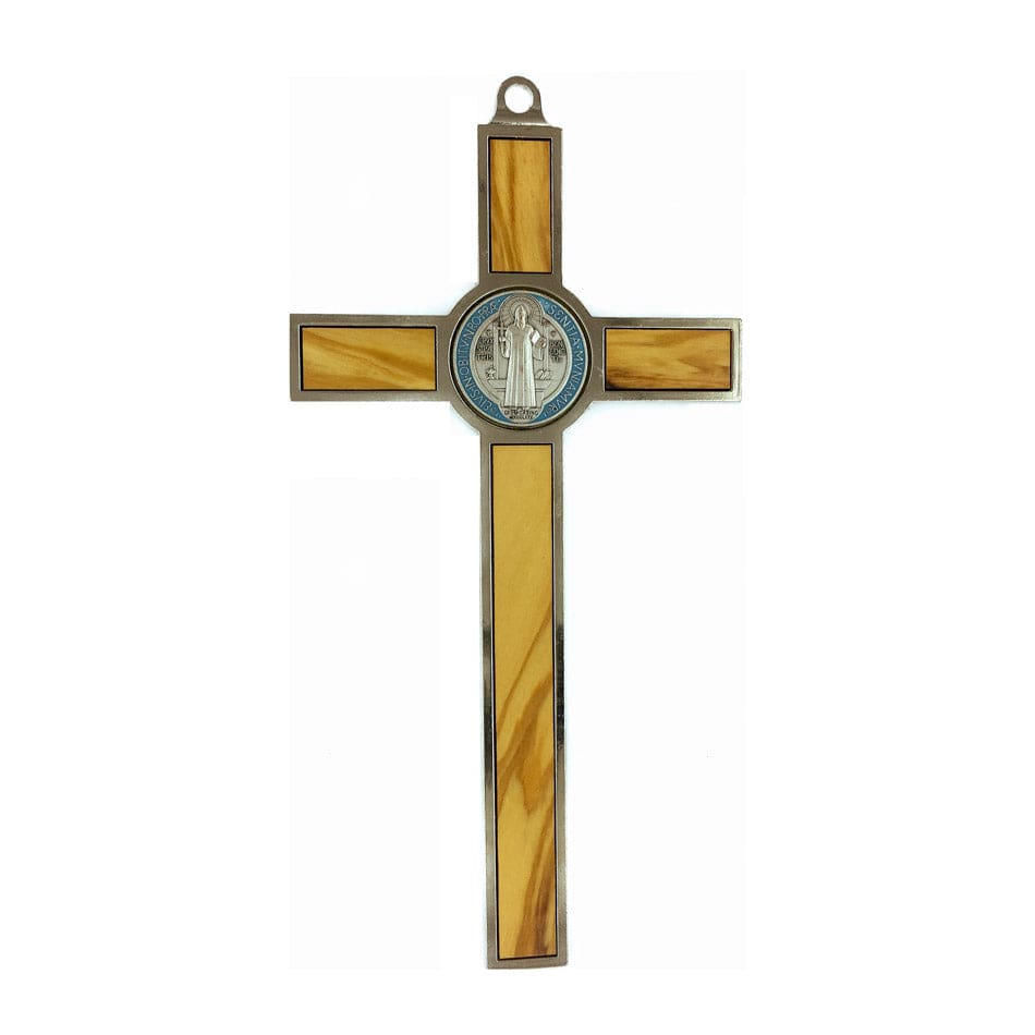 Olive Wood St. Benedict Crucifix with Colorful Medal and Metal Outline