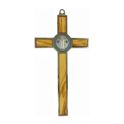 Olive Wood St. Benedict Crucifix with Colorful Medal and Metal Outline