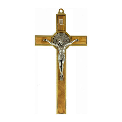 Olive Wood St. Benedict Crucifix with Gold Metal Outline