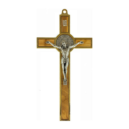 Olive Wood St. Benedict Crucifix with Gold Metal Outline