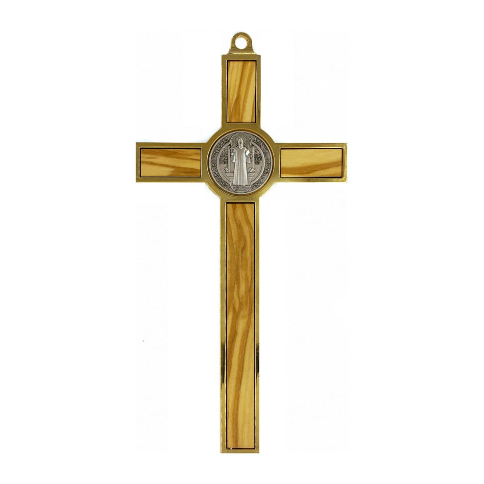 Olive Wood St. Benedict Crucifix with Gold Metal Outline