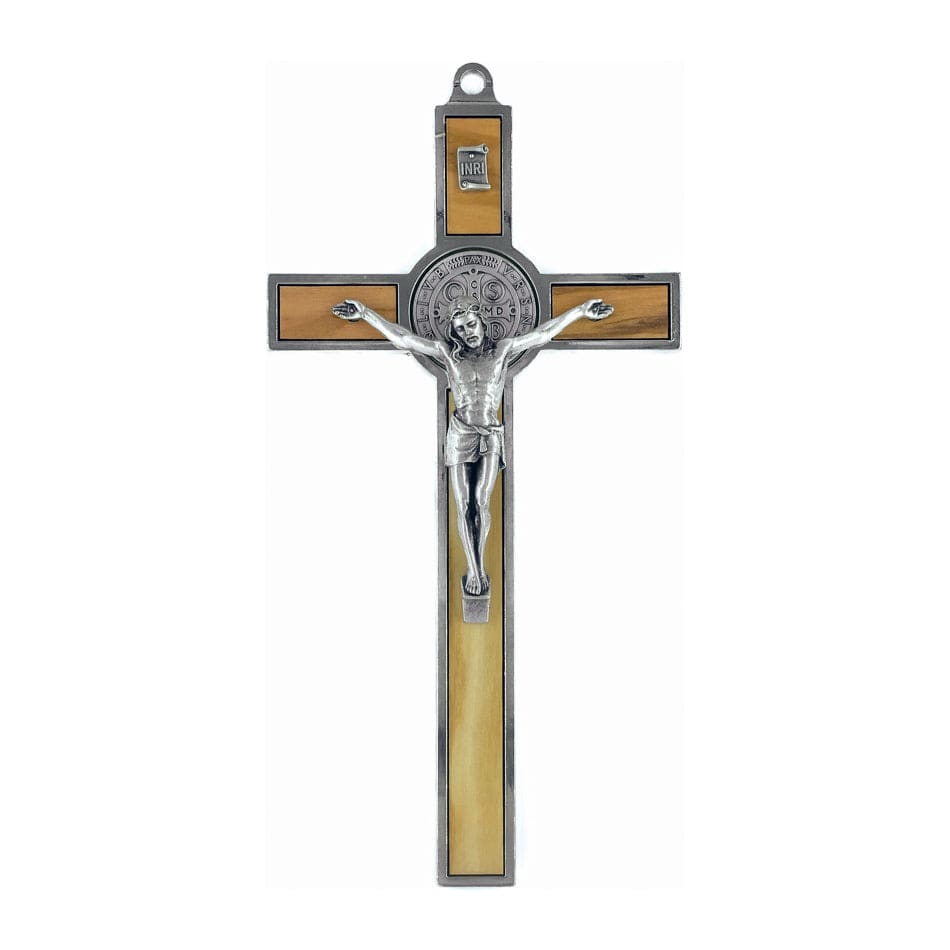 Olive Wood St. Benedict Crucifix with Metal Outline