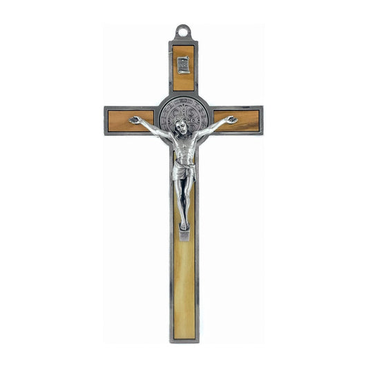 Olive Wood St. Benedict Crucifix with Metal Outline