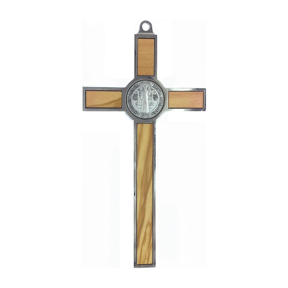 Olive Wood St. Benedict Crucifix with Metal Outline