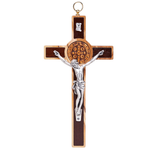 Olive Wood St. Benedict Crucifix With Beech Wood Medal and Interior