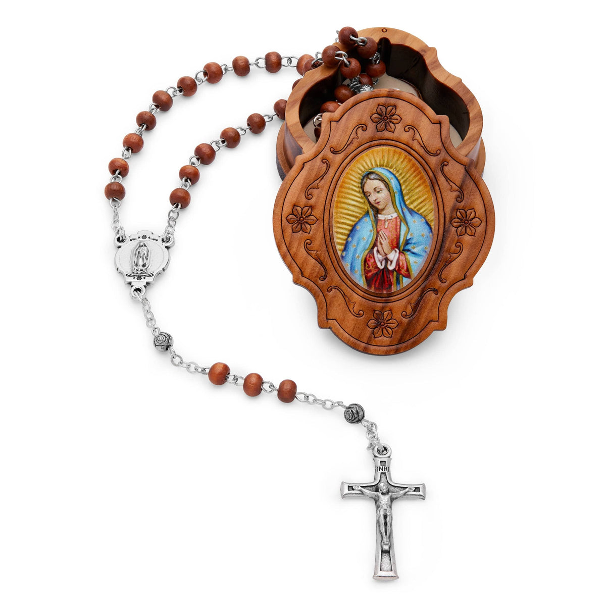 Olive Wood Our Lady of Guadalupe Rosary Case With Wood Rosary