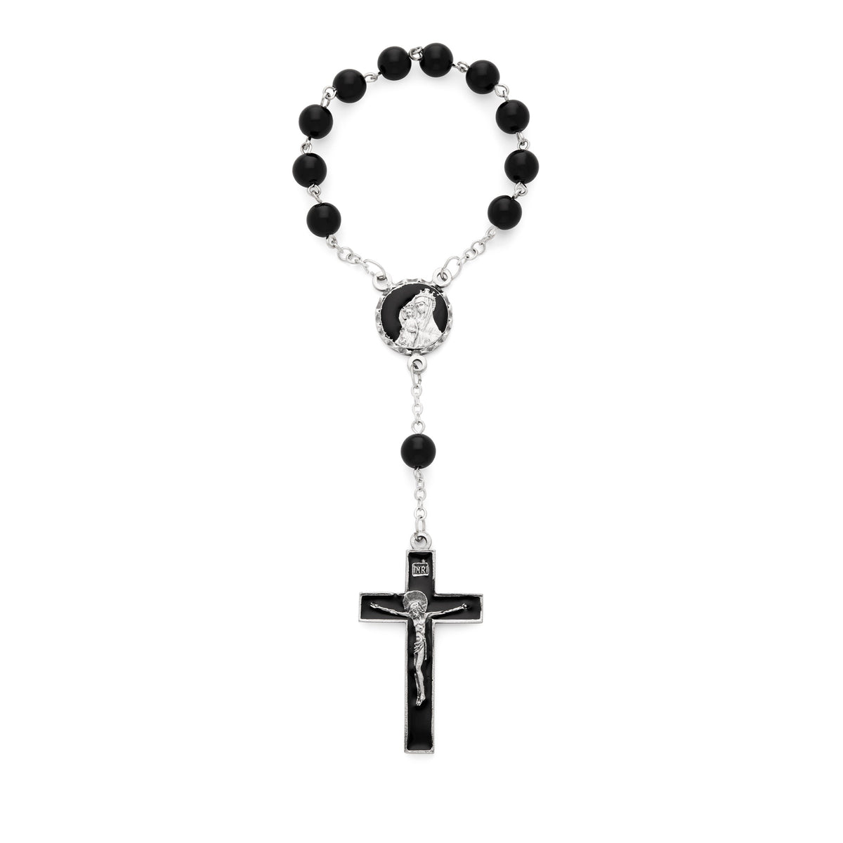 One Decade Rosary with Black Onyx Beads and Black Enameled Centerpiece and Crucifix