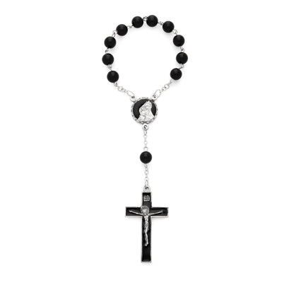 One Decade Rosary with Black Onyx Beads and Black Enameled Centerpiece and Crucifix