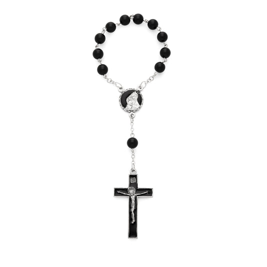 One Decade Rosary with Black Onyx Beads and Black Enameled Centerpiece and Crucifix