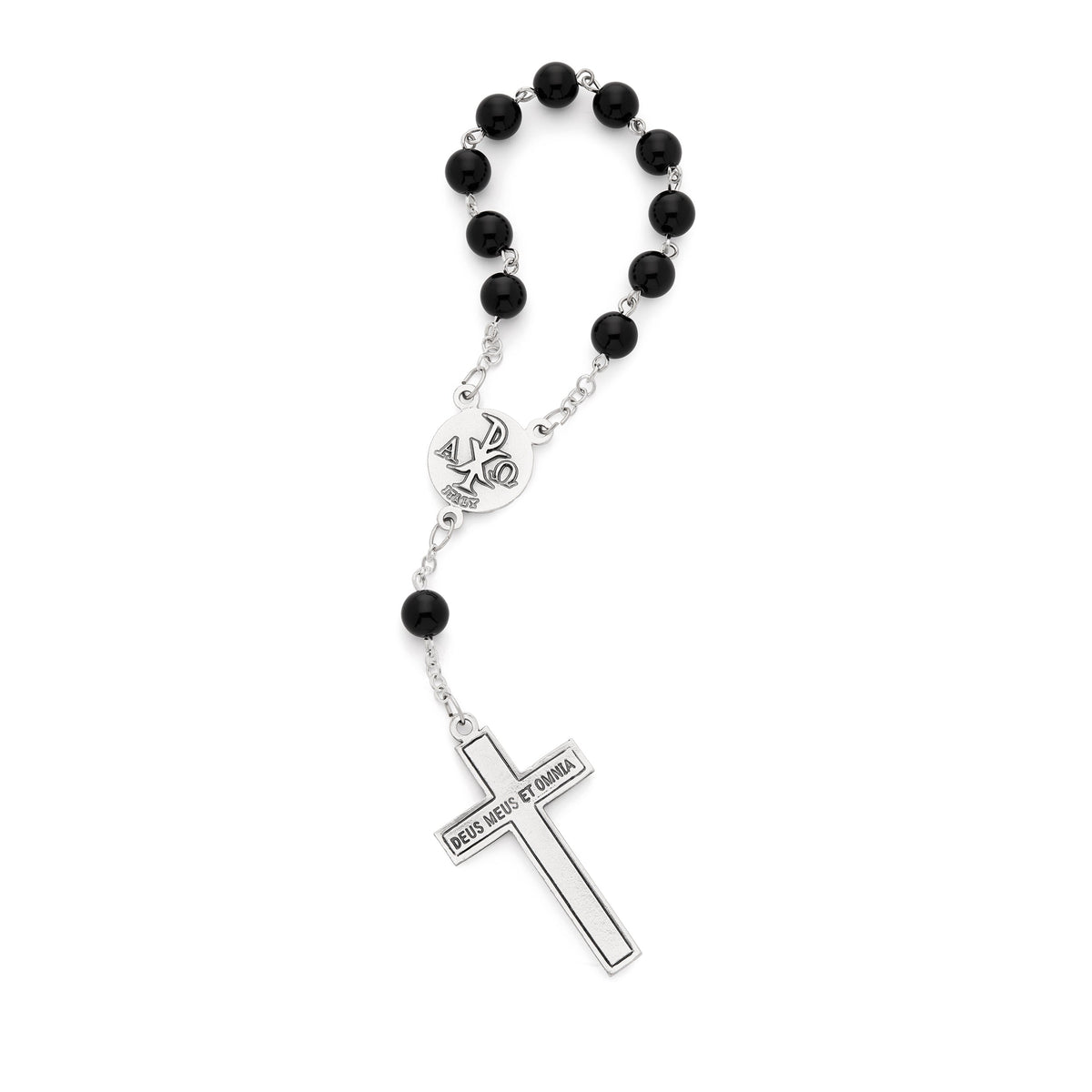 One Decade Rosary with Black Onyx Beads and Black Enameled Centerpiece and Crucifix