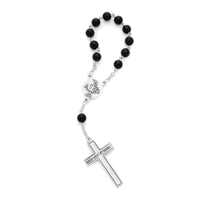 One Decade Rosary with Black Onyx Beads and Black Enameled Centerpiece and Crucifix