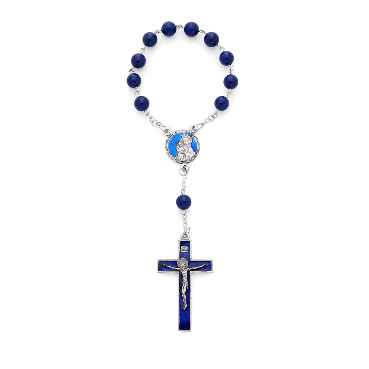 One Decade Rosary with Lapis Lazuli Beads and Blue Enameled Centerpiece and Crucifix