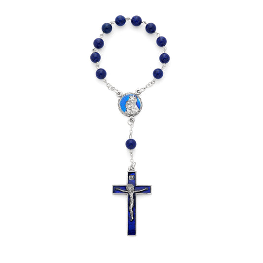 One Decade Rosary with Lapis Lazuli Beads and Blue Enameled Centerpiece and Crucifix
