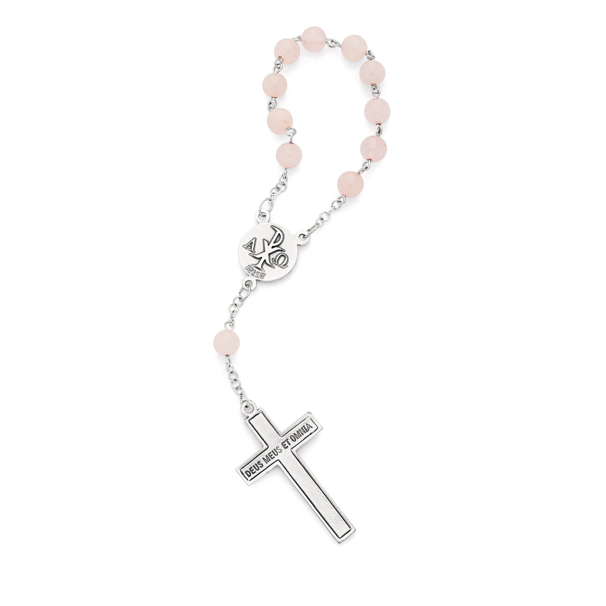 One Decade Rosary with Rose Quartz Beads and Pink Enameled Centerpiece and Crucifix