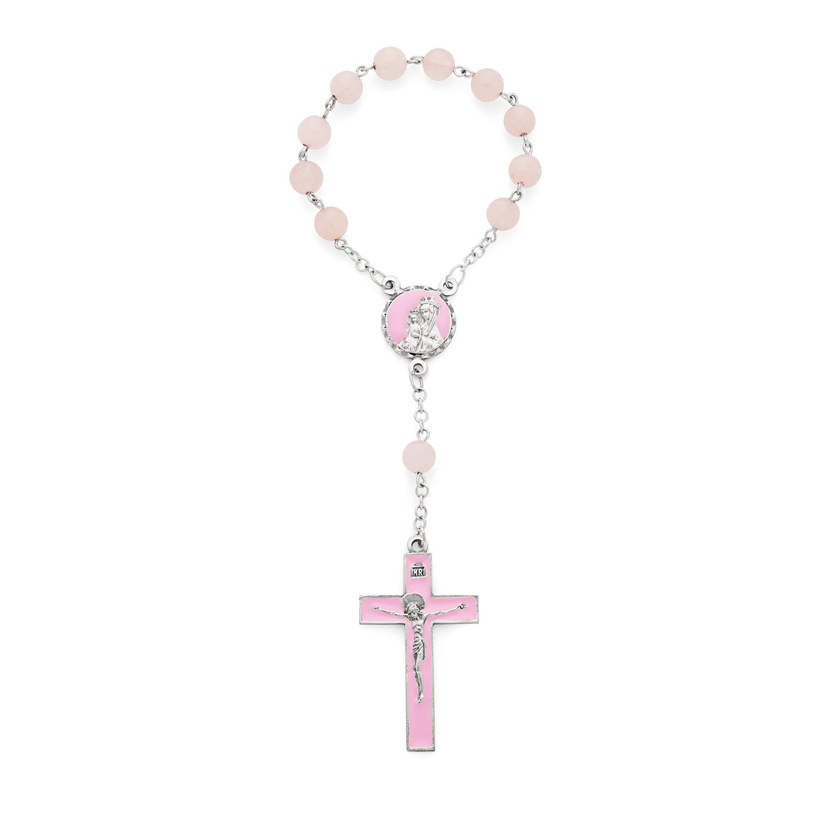 One Decade Rosary with Rose Quartz Beads and Pink Enameled Centerpiece and Crucifix