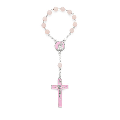 One Decade Rosary with Rose Quartz Beads and Pink Enameled Centerpiece and Crucifix