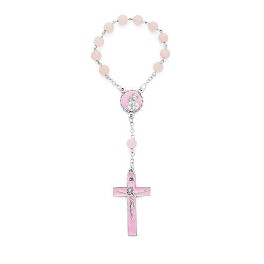 One Decade Rosary with Rose Quartz Beads and Pink Enameled Centerpiece and Crucifix