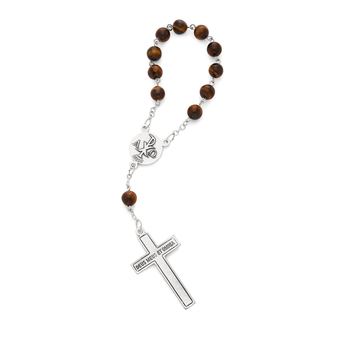 One Decade Rosary with Tiger's Eye Beads and Brown Enameled Centerpiece and Crucifix
