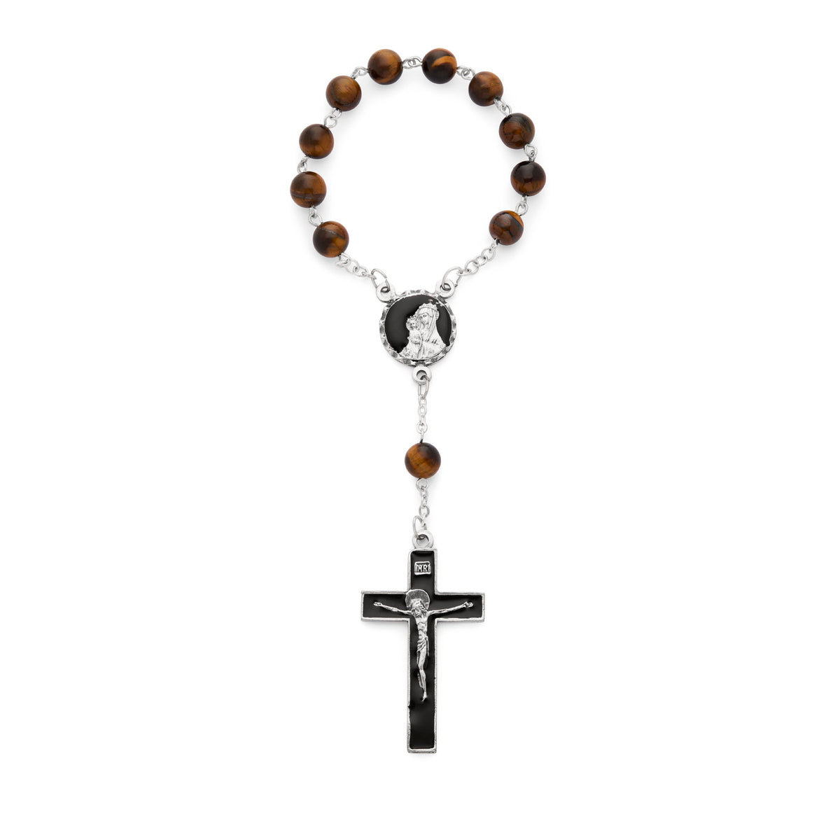 One Decade Rosary with Tiger's Eye Beads and Brown Enameled Centerpiece and Crucifix
